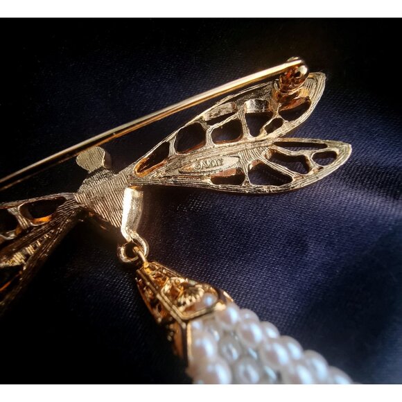 Vintage AVON Signed Dragonfly Green Enamel Pink Rhinestone Faux Pearl Beaded Tai - Picture 7 of 7